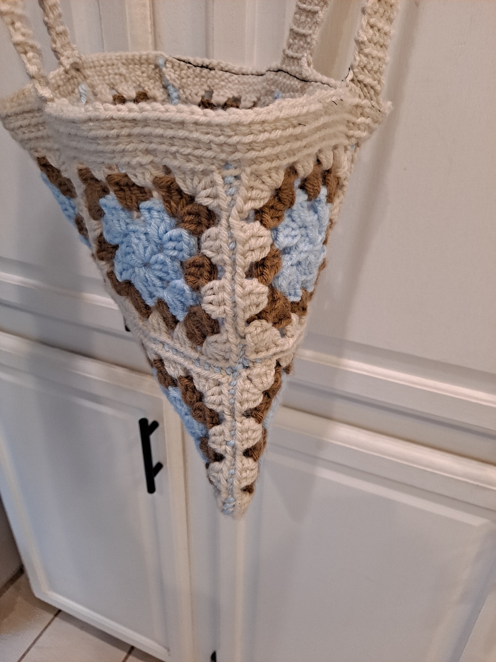 Artisan Crochet Tote Bag Cream, Light Blue & Brown Grannysquare Boho Cottagecore - Picture 6 of 11